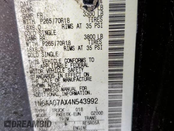 ✅ 2004 Nissan Titan LE • VIN: 1N6AA07AX4N543992 • Лот: 67039905. Опубликован ранее на Copart с пробегом 144 789 миль. Бесплатный доступ к архиву аукционных продаж из США и подробный отчёт об истории автомобиля на DreamBid. Изображение 12.