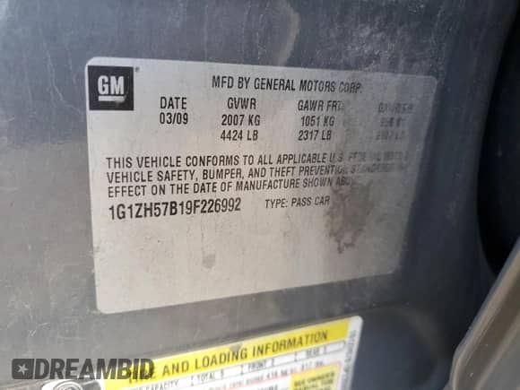 2009 Chevrolet Malibu 1LT with VIN 1G1ZH57B19F226992, listed as a Copart auction lot 89526915 with 144,302 mi miles and Salvage title. Bid and sale history available at DreamBid. Image 12.