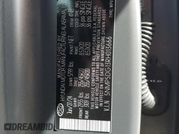 ✅ 2024 Hyundai Santa Fe Calligraphy • VIN: 5NMP5DG13RH013666 • Lot: 58308675. Listed on Copart with 15,532 mi. Free auction sales archive from the USA and detailed vehicle history report at DreamBid. Image 14.