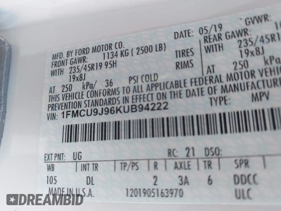 ✅ 2019 Ford Escape Titanium • VIN: 1FMCU9J96KUB94222 • Лот: 43706449. Опубликован ранее на IAAI с пробегом 68 107 миль. Бесплатный доступ к архиву аукционных продаж из США и подробный отчёт об истории автомобиля на DreamBid. Изображение 9.