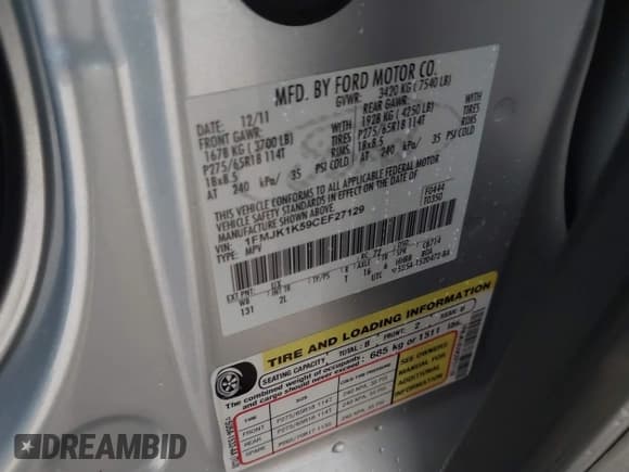 ✅ 2012 Ford Expedition Max Limited • VIN: 1FMJK1K59CEF27129 • Lot: 41449963. Listed on IAAI with 85,296 mi. Free auction sales archive from the USA and detailed vehicle history report at DreamBid. Image 9.