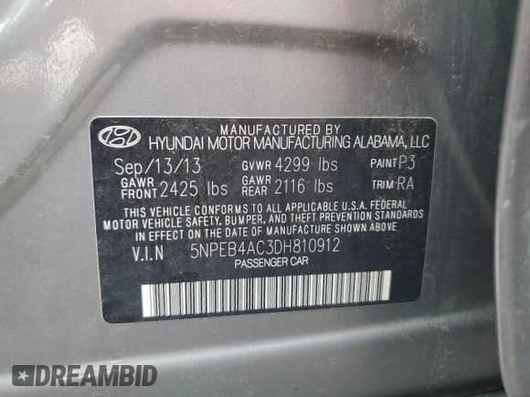 2013 Hyundai Sonata GLS with VIN 5NPEB4AC3DH810912, listed as a Copart auction lot 67847745 with 252,614 mi miles and Salvage title. Bid and sale history available at DreamBid. Image 12.