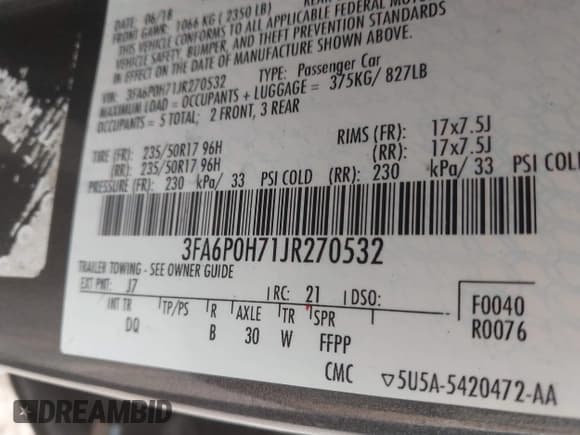 ✅ 2018 Ford Fusion SE • VIN: 3FA6P0H71JR270532 • Лот: 43126845. Опубликован ранее на IAAI с пробегом 132 488 миль. Бесплатный доступ к архиву аукционных продаж из США и подробный отчёт об истории автомобиля на DreamBid. Изображение 9.