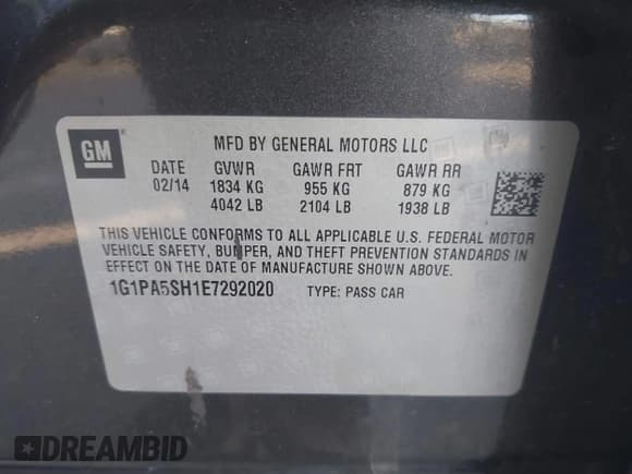 ✅ 2014 Chevrolet Cruze LS • VIN: 1G1PA5SH1E7292020 • Lot: 43731433. Wystawiony na IAAI z przebiegiem 150 456 mil. Bezpłatny archiwum sprzedaży aukcyjnych z USA i szczegółowy raport historii pojazdu na DreamBid. Zdjęcie 9.