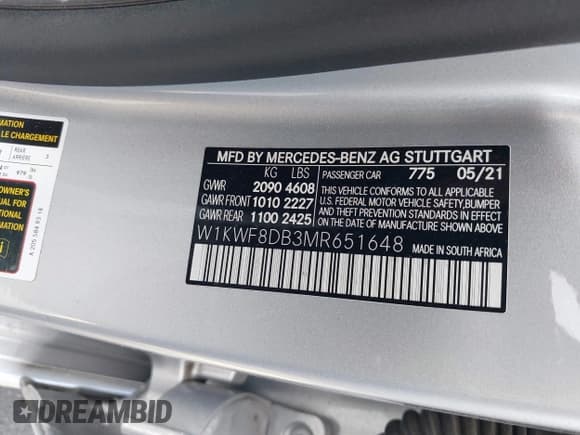 ✅ 2021 Mercedes-Benz C 300 • VIN: W1KWF8DB3MR651648 • Lot: 42598403. Listed on IAAI with 95,609 mi. Free auction sales archive from the USA and detailed vehicle history report at DreamBid. Image 9.