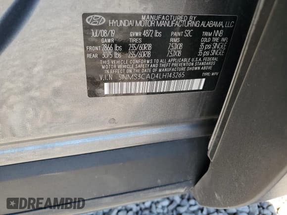 ✅ 2020 Hyundai Santa Fe SEL • VIN: 5NMS3CAD4LH143265 • Лот: 56672884. Опубликован ранее на Copart с пробегом 66 062 миль. Бесплатный доступ к архиву аукционных продаж из США и подробный отчёт об истории автомобиля на DreamBid. Изображение 12.