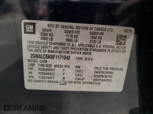 ✅ 2015 Chevrolet Equinox LT • VIN: 2GNALCEK8F1171042 • Лот: 82646905. Опубликован ранее на Copart с пробегом 81 783 миль. Бесплатный доступ к архиву аукционных продаж из США и подробный отчёт об истории автомобиля на DreamBid. Изображение 13.