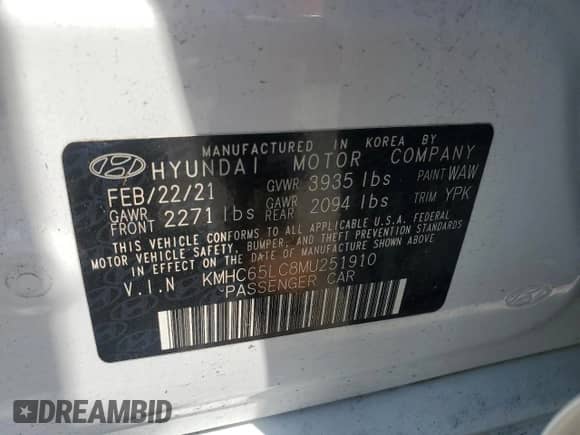 2021 Hyundai Ioniq Blue z VIN KMHC65LC8MU251910, wystawiony jako Copart lot #65229404 z przebiegiem 27 633 mil mil oraz Nie do naprawy • Non repairable. Historia ofert i sprzedaży dostępna na DreamBid. Obrazek 12.