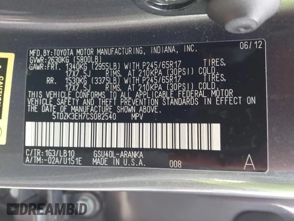 ✅ 2012 Toyota Highlander • VIN: 5TDZK3EH7CS082540 • Лот: 42930166. Опубликован ранее на IAAI с пробегом 199 538 миль. Бесплатный доступ к архиву аукционных продаж из США и подробный отчёт об истории автомобиля на DreamBid. Изображение 9.