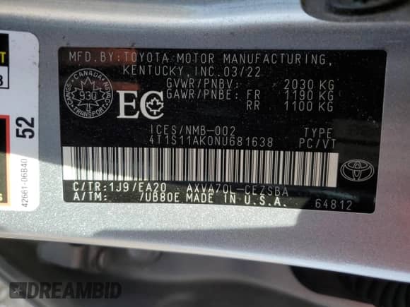 2022 Toyota Camry SE with VIN 4T1S11AK0NU681638, listed as a Copart auction lot 85186735 with 61,375 mi miles and Salvage title. Bid and sale history available at DreamBid. Image 13.