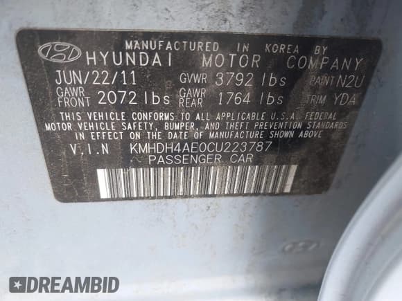 ✅ 2012 Hyundai Elantra Limited • VIN: KMHDH4AE0CU223787 • Lot: 42267025. Listed on IAAI with 124,232 mi. Free auction sales archive from the USA and detailed vehicle history report at DreamBid. Image 9.