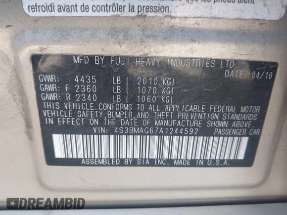 ✅ 2010 Subaru Legacy Premium • VIN: 4S3BMAG67A1244592 • Lot: 42349516. Listed on IAAI with 205,094 mi. Free auction sales archive from the USA and detailed vehicle history report at DreamBid. Image 9.