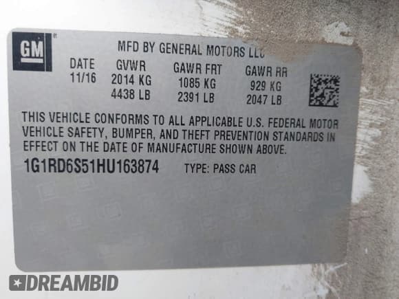 ✅ 2017 Chevrolet Volt Premier • VIN: 1G1RD6S51HU163874 • Lot: 43599799. Listed on IAAI with 125,378 mi. Free auction sales archive from the USA and detailed vehicle history report at DreamBid. Image 9.