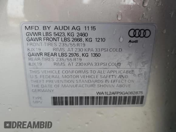 ✅ 2016 Audi Q5 Premium Plus • VIN: WA1L2AFP9GA082875 • Лот: 93115555. Опубликован ранее на Copart с пробегом 97 212 миль. Бесплатный доступ к архиву аукционных продаж из США и подробный отчёт об истории автомобиля на DreamBid. Изображение 12.