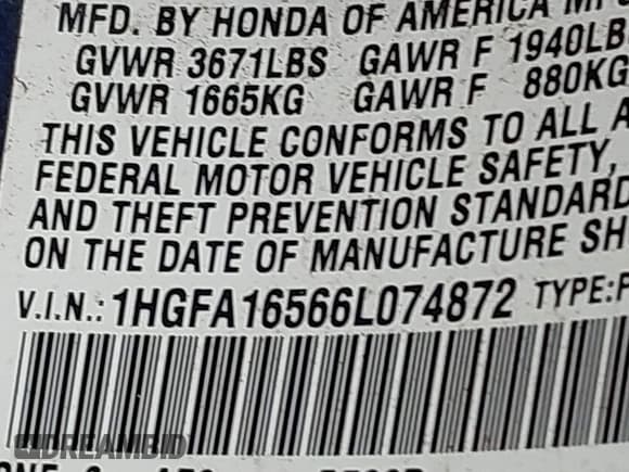 ✅ 2006 Honda Civic LX • VIN: 1HGFA16566L074872 • Лот: 43758109. Опубликован ранее на IAAI с пробегом 154 998 миль. Бесплатный доступ к архиву аукционных продаж из США и подробный отчёт об истории автомобиля на DreamBid. Изображение 9.