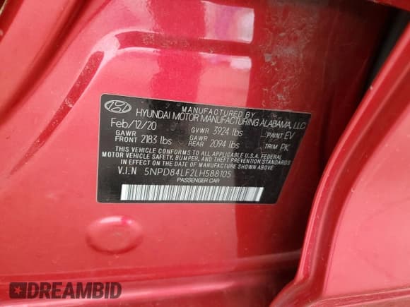 ✅ 2020 Hyundai Elantra SEL • VIN: 5NPD84LF2LH588105 • Lot: 49157095. Listed on Copart with 58,806 mi. Free auction sales archive from the USA and detailed vehicle history report at DreamBid. Image 13.