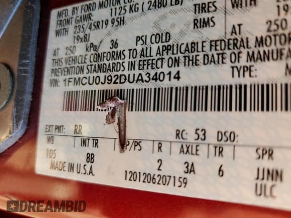 ✅ 2013 Ford Escape Titanium • VIN: 1FMCU0J92DUA34014 • Lot: 57076214. Listed on Copart with 131,176 mi. Free auction sales archive from the USA and detailed vehicle history report at DreamBid. Image 13.