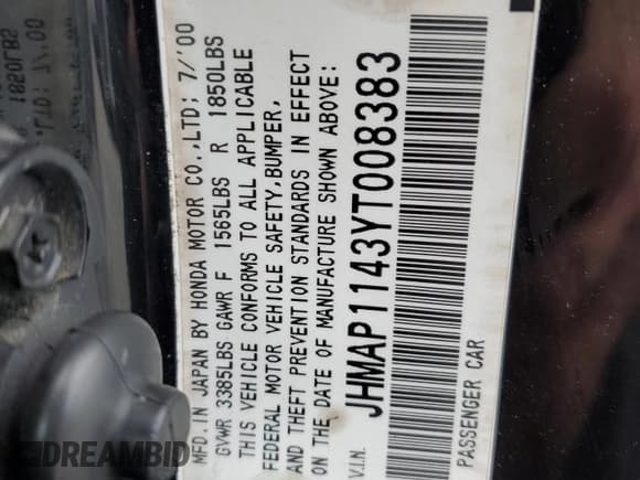 ✅ 2000 Honda S2000 • VIN: JHMAP1143YT008383 • Lot: 56926725. Wystawiony na Copart z przebiegiem 110 162 mil. Bezpłatny archiwum sprzedaży aukcyjnych z USA i szczegółowy raport historii pojazdu na DreamBid. Zdjęcie 13.