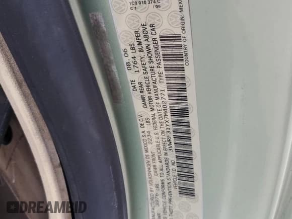 ✅ 2007 Volkswagen Beetle • VIN: 3VWRF31YX7M402771 • Lot: 86410834. Listed on Copart with Not provided. Free auction sales archive from the USA and detailed vehicle history report at DreamBid. Image 14.