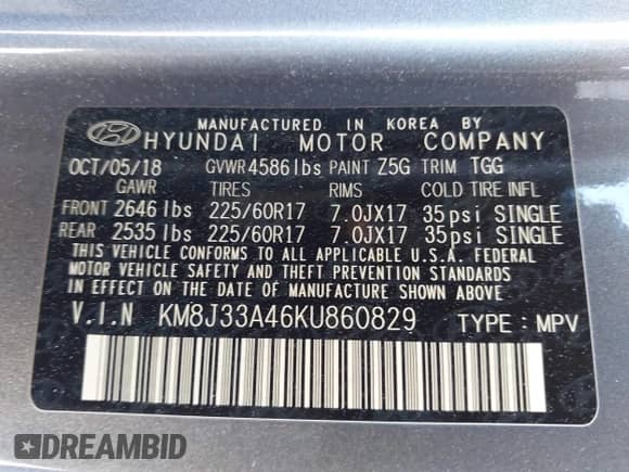 2019 Hyundai Tucson Value z VIN KM8J33A46KU860829, wystawiony jako IAAI lot #42592727 z przebiegiem 81 703 mil mil oraz . Historia ofert i sprzedaży dostępna na DreamBid. Obrazek 9.