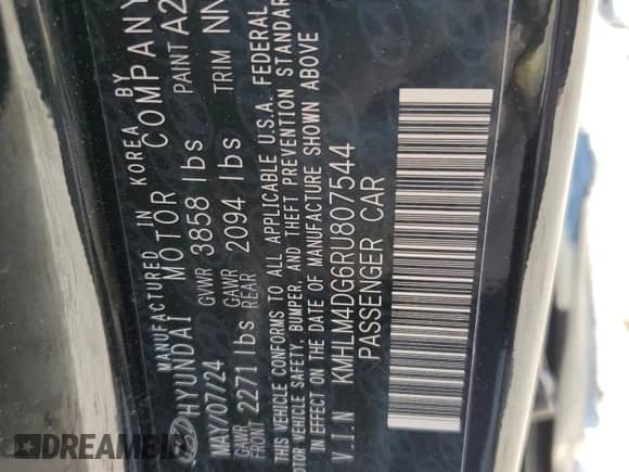 2024 Hyundai Elantra SEL with VIN KMHLM4DG6RU807544, listed as a Copart auction lot 59420185 with 9,905 mi miles and Salvage title. Bid and sale history available at DreamBid. Image 12.