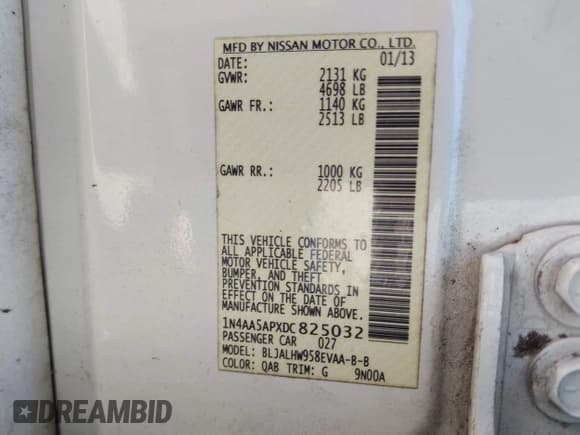 ✅ 2013 Nissan Maxima SV • VIN: 1N4AA5APXDC825032 • Lot: 43369993. Listed on IAAI with 193,868 mi. Free auction sales archive from the USA and detailed vehicle history report at DreamBid. Image 9.