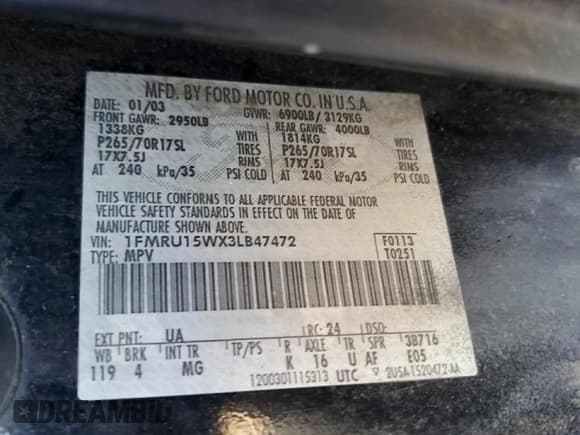 ✅ 2003 Ford Expedition Special Service • VIN: 1FMRU15WX3LB47472 • Lot: 72165304. Listed on Copart with Not provided. Free auction sales archive from the USA and detailed vehicle history report at DreamBid. Image 14.