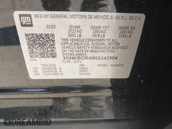 2022 Chevrolet Blazer LT with VIN 3GNKBCR49NS143904, listed as a IAAI auction lot 43146063 with 32,319 mi miles and . Bid and sale history available at DreamBid. Image 9.