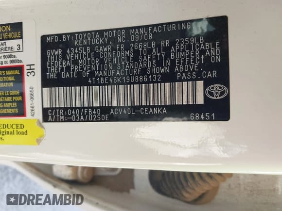 ✅ 2009 Toyota Camry LE • VIN: 4T1BE46K19U886132 • Lot: 43290747. Wystawiony na IAAI z przebiegiem 171 513 mil. Bezpłatny archiwum sprzedaży aukcyjnych z USA i szczegółowy raport historii pojazdu na DreamBid. Zdjęcie 9.