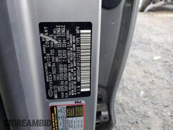 2015 Hyundai Santa Fe Limited с VIN KM8SRDHF0FU125169, выставлен на аукционе Copart как лот 87121415 с пробегом 130 660 миль миль и Чистый • Clean title. История ставок и продаж доступна на DreamBid. Изображение 13.