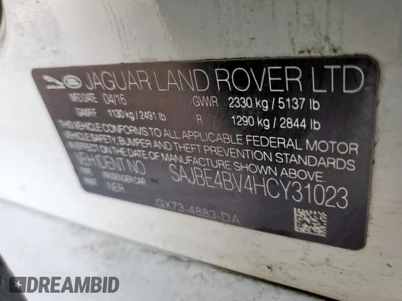 ✅ 2017 Jaguar XF 35t Prestige • VIN: SAJBE4BV4HCY31023 • Lot: 56425255. Listed on Copart with 58,469 mi. Free auction sales archive from the USA and detailed vehicle history report at DreamBid. Image 13.