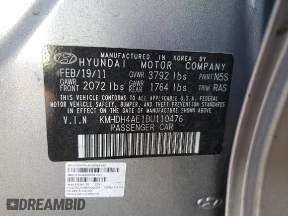 ✅ 2011 Hyundai Elantra GLS • VIN: KMHDH4AE1BU110476 • Lot: 91474545. Listed on Copart with 181,063 mi. Free auction sales archive from the USA and detailed vehicle history report at DreamBid. Image 12.