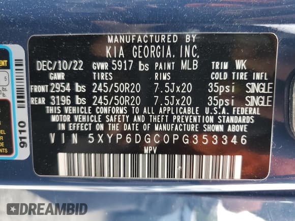 ✅ 2023 Kia Telluride S • VIN: 5XYP6DGC0PG353346 • Lot: 55892605. Listed on Copart with 50,604 mi. Free auction sales archive from the USA and detailed vehicle history report at DreamBid. Image 13.