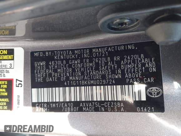 2021 Toyota Camry SE with VIN 4T1G11BK6MU029724, listed as a IAAI auction lot 42686894 with 92,496 mi miles and . Bid and sale history available at DreamBid. Image 9.