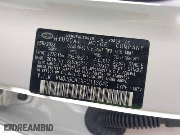2023 Hyundai Tucson Blue z VIN KM8JBCA1XPU113640, wystawiony jako IAAI lot #42843566 z przebiegiem 56 035 mil mil oraz . Historia ofert i sprzedaży dostępna na DreamBid. Obrazek 9.