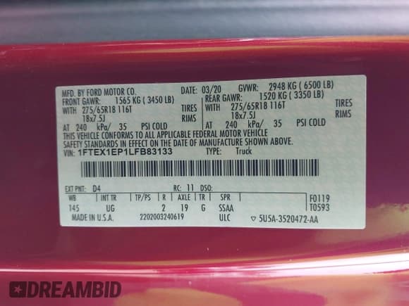 ✅ 2020 Ford F-150 XL • VIN: 1FTEX1EP1LFB83133 • Lot: 41379181. Listed on IAAI with 58,119 mi. Free auction sales archive from the USA and detailed vehicle history report at DreamBid. Image 9.