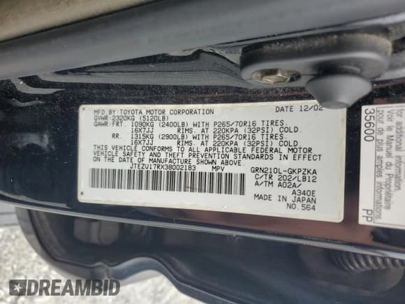 ✅ 2003 Toyota 4Runner Limited • VIN: JTEZU17RX38002183 • Lot: 56046375. Listed on Copart with 368,446 mi. Free auction sales archive from the USA and detailed vehicle history report at DreamBid. Image 13.