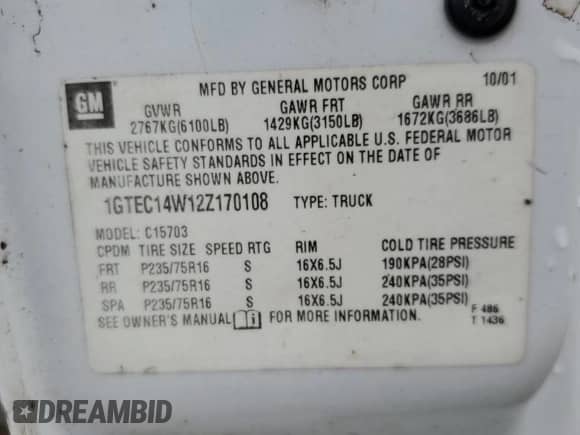 2002 GMC Sierra 1500 with VIN 1GTEC14W12Z170108, listed as a Copart auction lot 68564144 with Not provided miles and Salvage title. Bid and sale history available at DreamBid. Image 12.