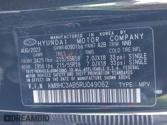 2024 Hyundai Kona SEL with VIN KM8HC3AB5RU049062, listed as a IAAI auction lot 41358253 with 15,289 mi miles and . Bid and sale history available at DreamBid. Image 9.