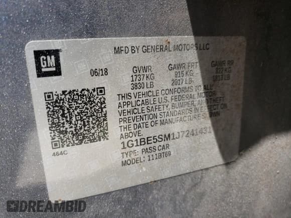 ✅ 2018 Chevrolet Cruze LT • VIN: 1G1BE5SM1J7241431 • Lot: 63491543. Listed on Copart with 64,775 mi. Free auction sales archive from the USA and detailed vehicle history report at DreamBid. Image 12.