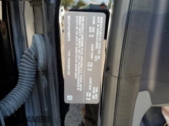 ✅ 2023 Lucid Air Pure • VIN: 50EA1PFAXPA006270 • Lot: 80511385. Listed on Copart with Not provided. Free auction sales archive from the USA and detailed vehicle history report at DreamBid. Image 12.