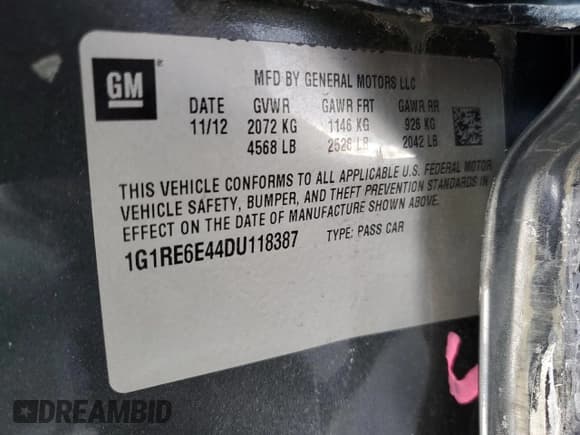 ✅ 2013 Chevrolet Volt • VIN: 1G1RE6E44DU118387 • Lot: 56339185. Listed on Copart with 122,034 mi. Free auction sales archive from the USA and detailed vehicle history report at DreamBid. Image 12.