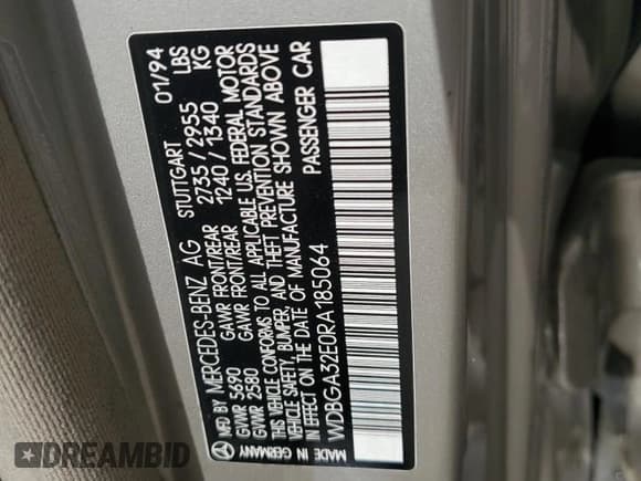 ✅ 1994 Mercedes-Benz S 320 • VIN: WDBGA32E0RA185064 • Lot: 47296935. Wystawiony na Copart z przebiegiem 344 178 mil. Bezpłatny archiwum sprzedaży aukcyjnych z USA i szczegółowy raport historii pojazdu na DreamBid. Zdjęcie 12.