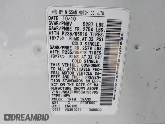 ✅ 2011 Nissan Murano SL • VIN: JN8AZ1MW5BW156795 • Lot: 43612109. Wystawiony na IAAI z przebiegiem 140 882 mil. Bezpłatny archiwum sprzedaży aukcyjnych z USA i szczegółowy raport historii pojazdu na DreamBid. Zdjęcie 9.