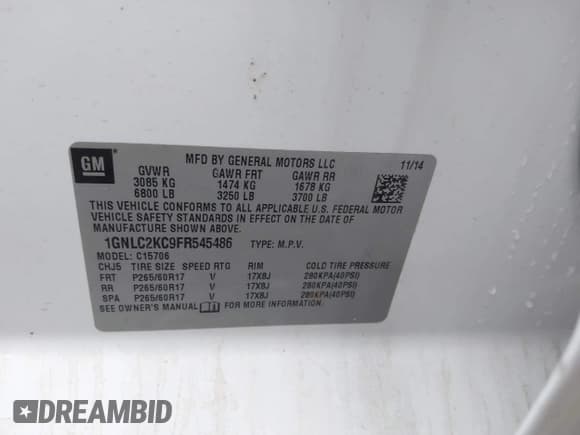 ✅ 2015 Chevrolet Tahoe Commercial • VIN: 1GNLC2KC9FR545486 • Lot: 41591764. Listed on IAAI with Not provided. Free auction sales archive from the USA and detailed vehicle history report at DreamBid. Image 9.