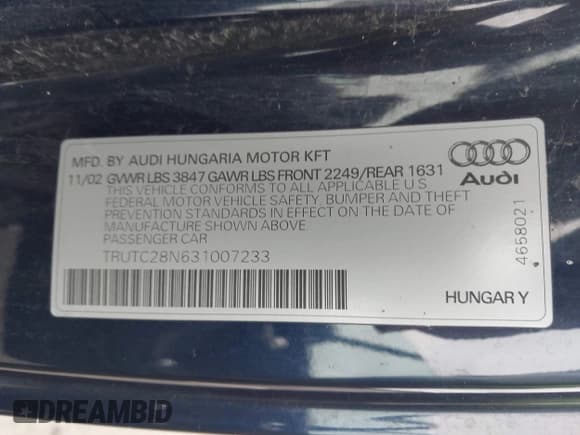 ✅ 2003 Audi TT • VIN: TRUTC28N631007233 • Lot: 43539437. Listed on IAAI with 87,870 mi. Free auction sales archive from the USA and detailed vehicle history report at DreamBid. Image 9.