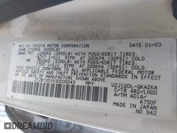✅ 2003 Lexus GX 470 • VIN: JTJBT20XX30006043 • Lot: 43542198. Wystawiony na IAAI z przebiegiem 214 219 mil. Bezpłatny archiwum sprzedaży aukcyjnych z USA i szczegółowy raport historii pojazdu na DreamBid. Zdjęcie 9.