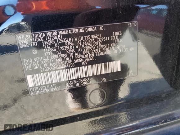 ✅ 2011 Toyota RAV4 Limited • VIN: 2T3DK4DV5BW044759 • Lot: 91391095. Listed on Copart with 167,077 mi. Free auction sales archive from the USA and detailed vehicle history report at DreamBid. Image 12.