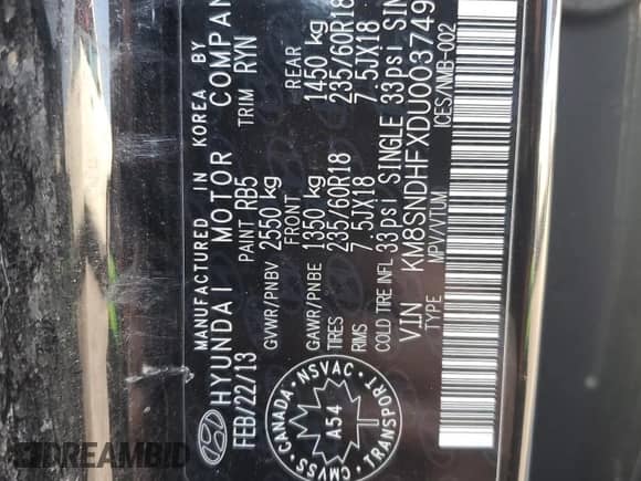 2013 Hyundai Santa Fe GLS with VIN KM8SNDHFXDU003749, listed as a Copart auction lot 90145235 with 299,484 mi miles and Clean title. Bid and sale history available at DreamBid. Image 13.