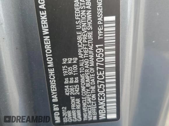 ✅ 2012 BMW 3 Series 328i • VIN: WBAKE3C57CE770591 • Lot: 43277345. Listed on Copart with 148,216 mi. Free auction sales archive from the USA and detailed vehicle history report at DreamBid. Image 12.